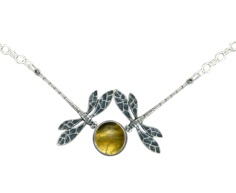 Sterling Silver Double Dragonfly Necklace With Citrine